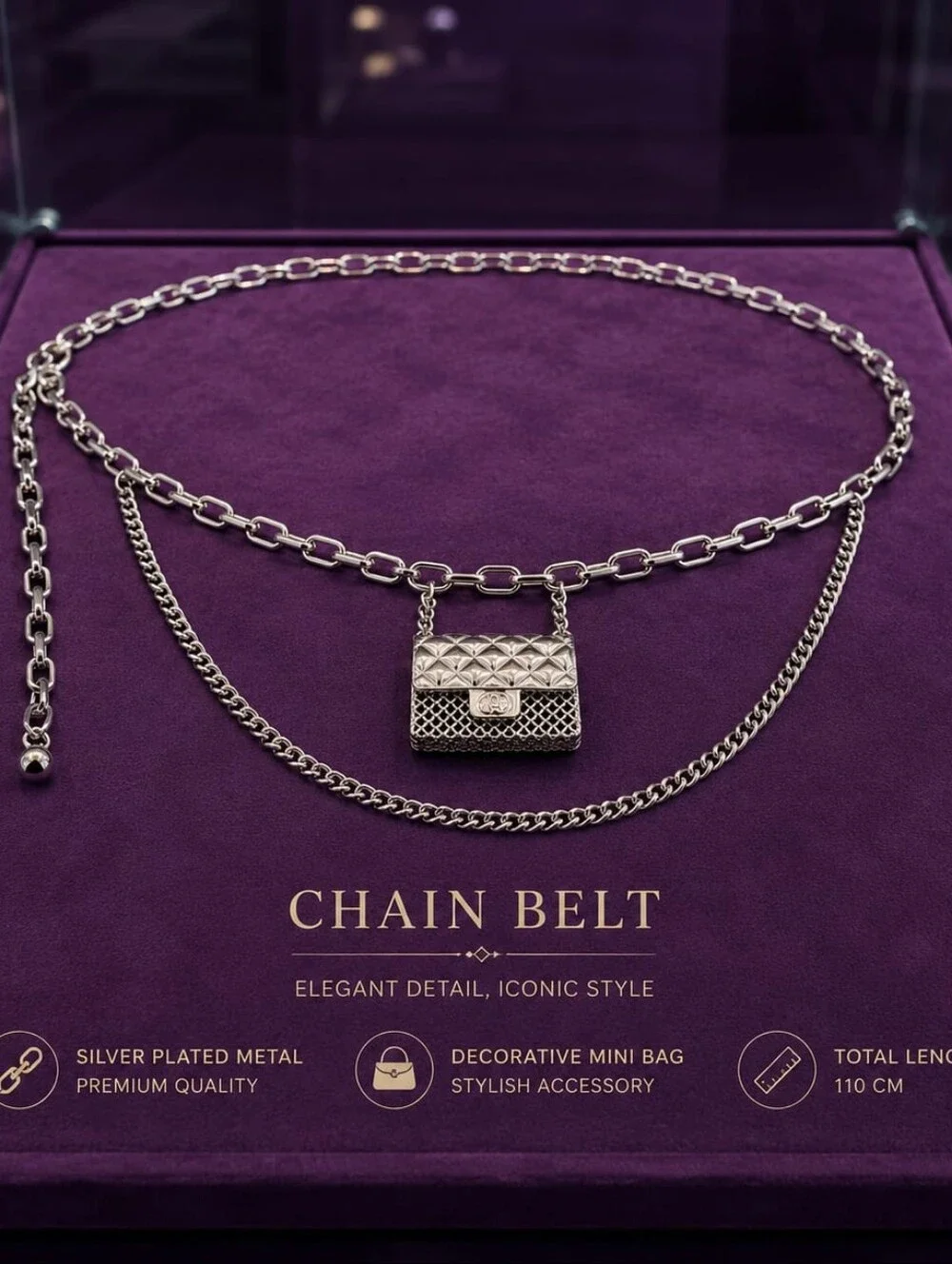 Silver Double Chain Belt with Quilted Purse Charm